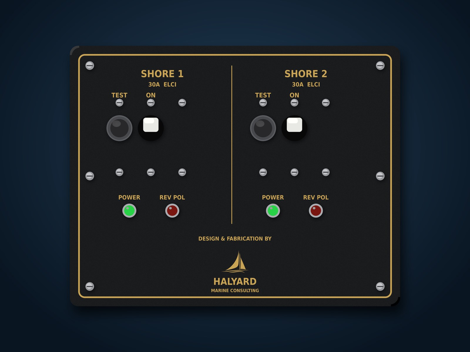 Render of a black shore power panel with gold lettering